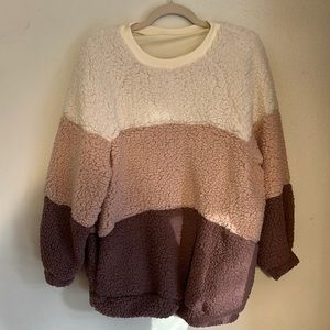 purple, pink, white striped sweater